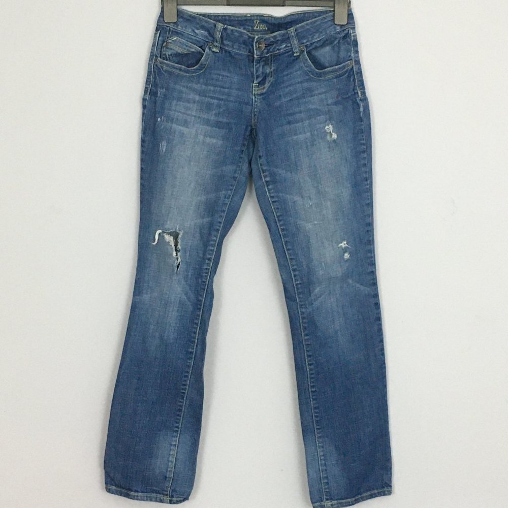 ZCO Womens Juniors 7 Distressed Medium Wash Embroidered Low Rise Blue Jeans